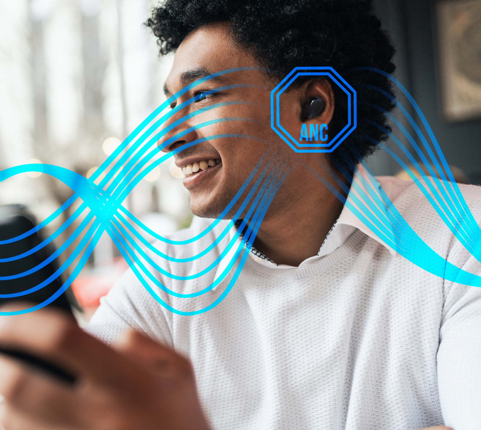 Portrait of Young man with wireless headphones